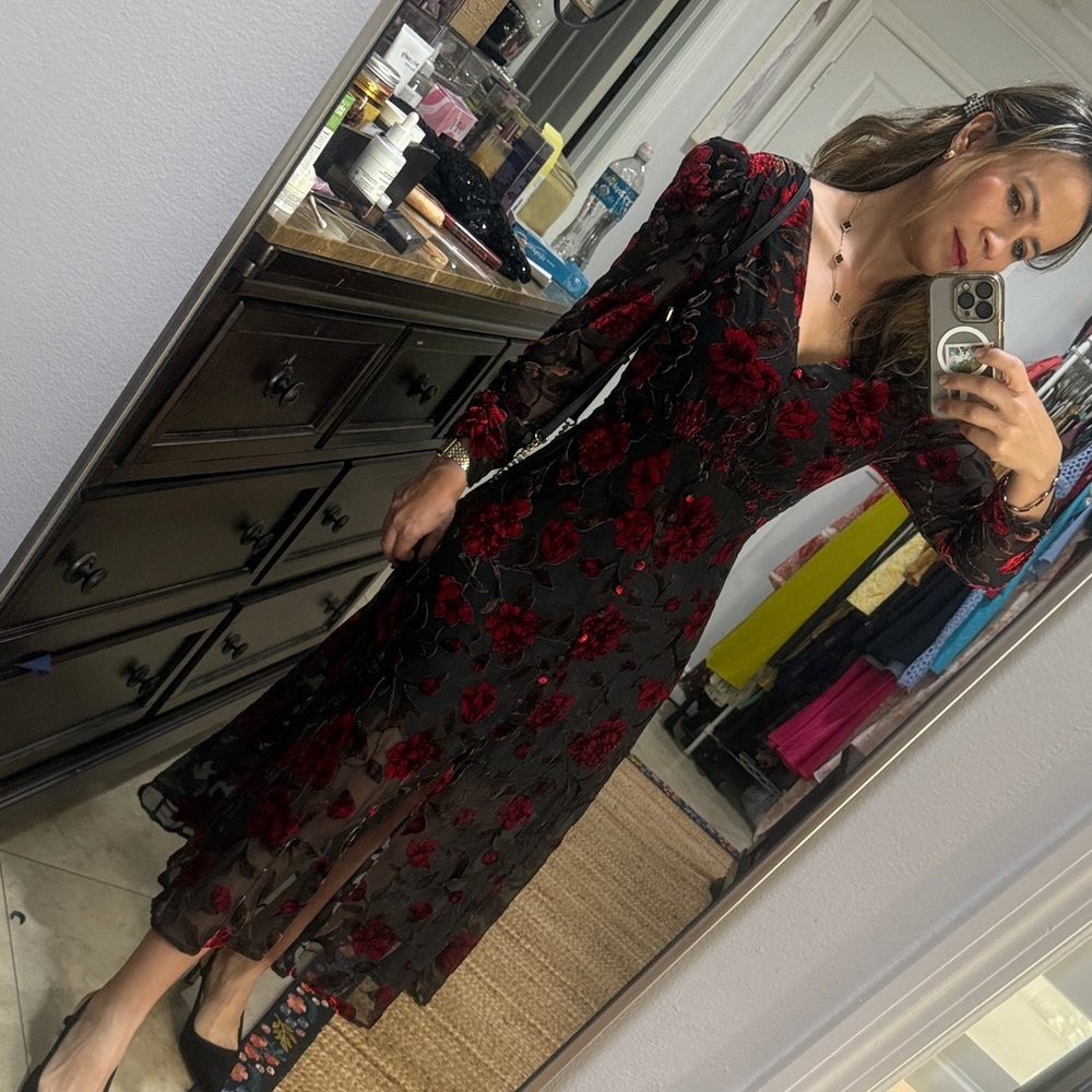 Astr Black and Red Long Sleeve Floral Dress - Picture 1 of 4